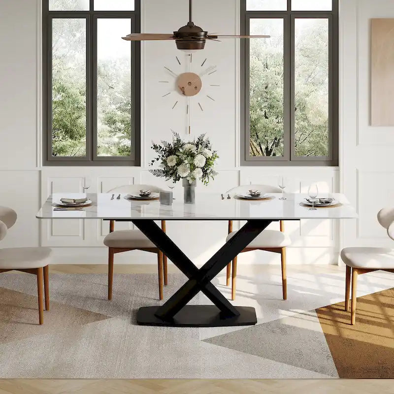 Table à manger rectangulaire moderne avec plateau en pierre frittée brillante