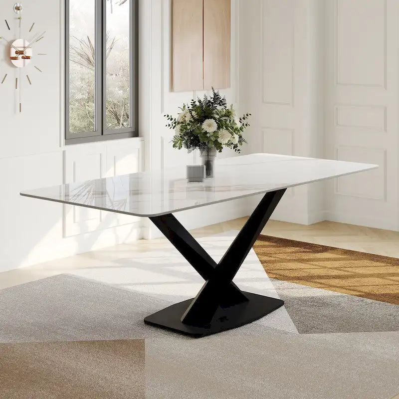 Table à manger rectangulaire moderne avec plateau en pierre frittée brillante