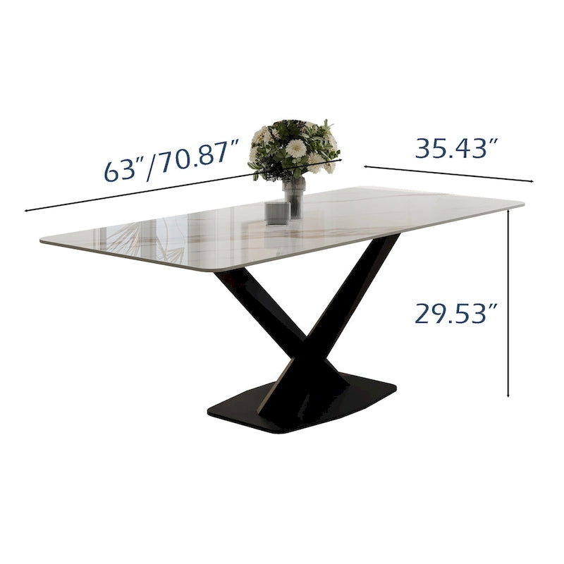 Table à manger rectangulaire moderne avec plateau en pierre frittée brillante