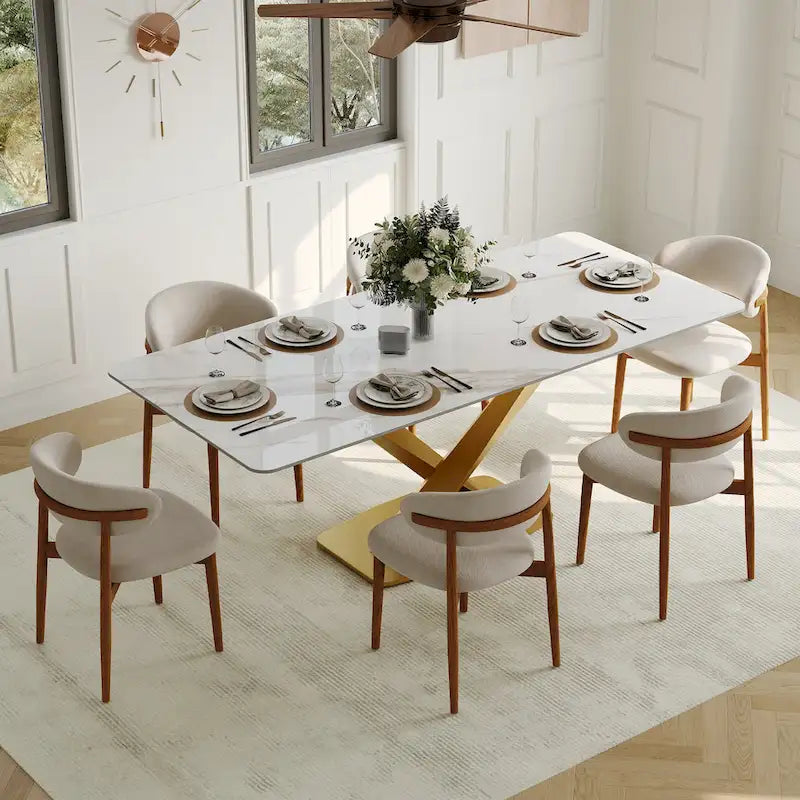 Table à manger rectangulaire moderne avec plateau en pierre frittée brillante