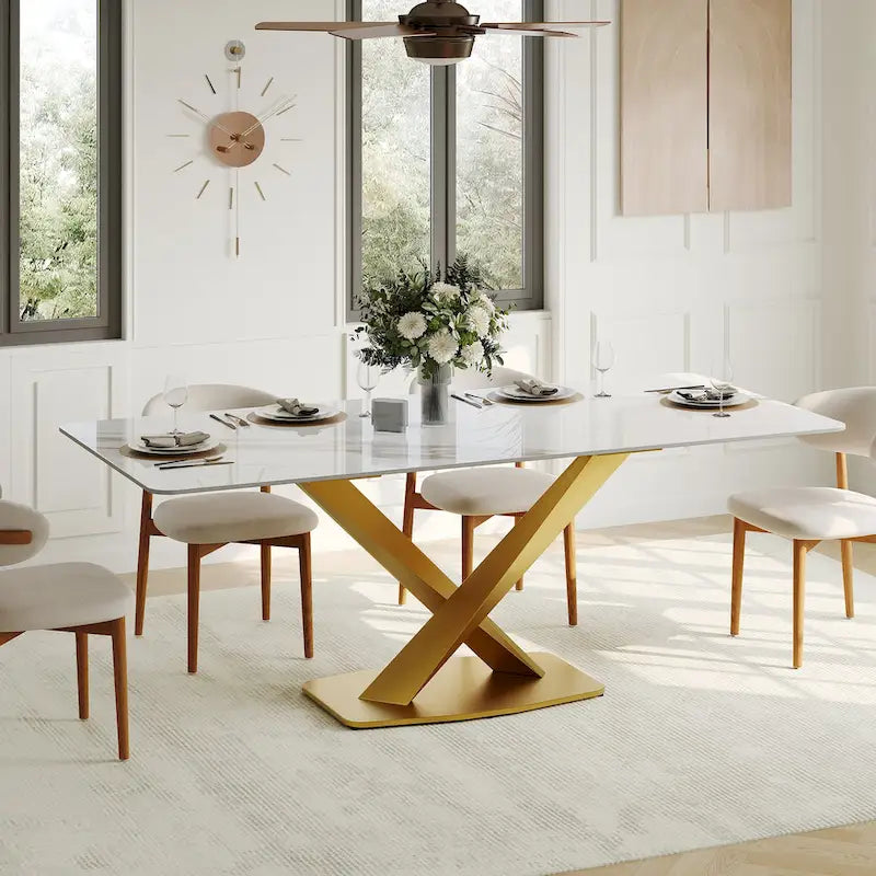 Table à manger rectangulaire moderne avec plateau en pierre frittée brillante