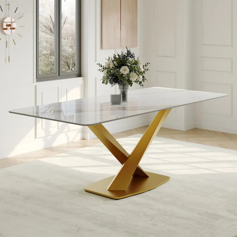 Table à manger rectangulaire moderne avec plateau en pierre frittée brillante