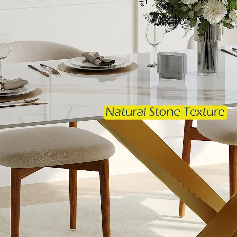 Table à manger rectangulaire moderne avec plateau en pierre frittée brillante