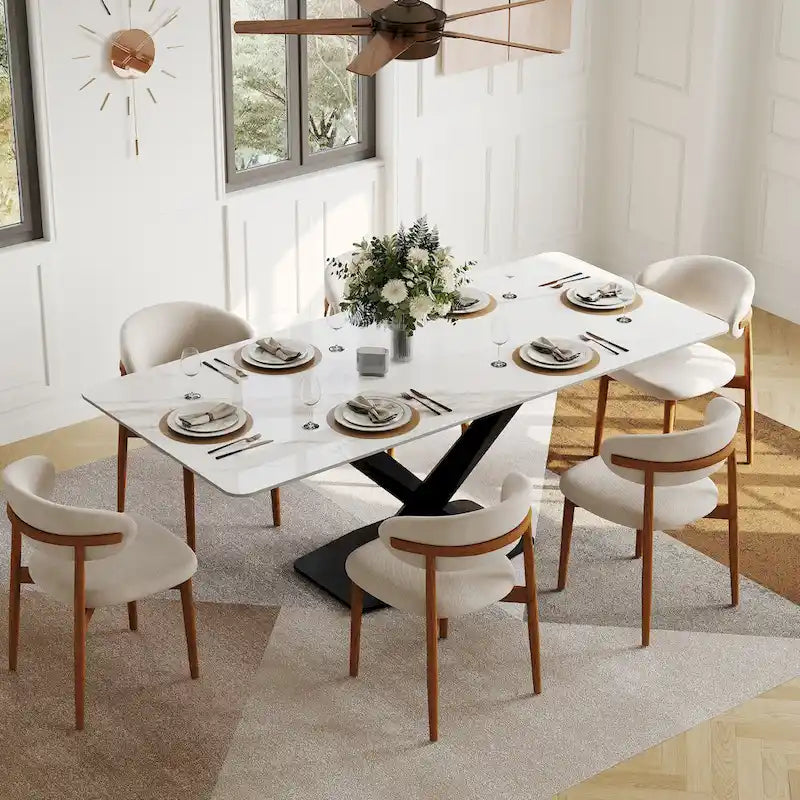 Table à manger rectangulaire moderne avec plateau en pierre frittée brillante