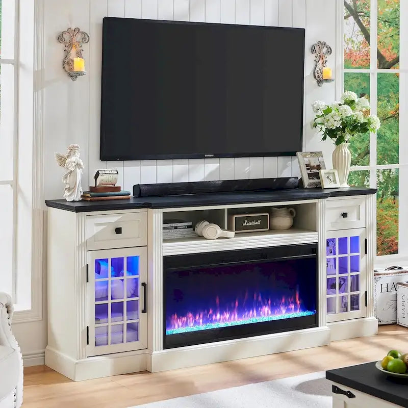 Meuble TV cheminée de style ferme, centre de divertissement