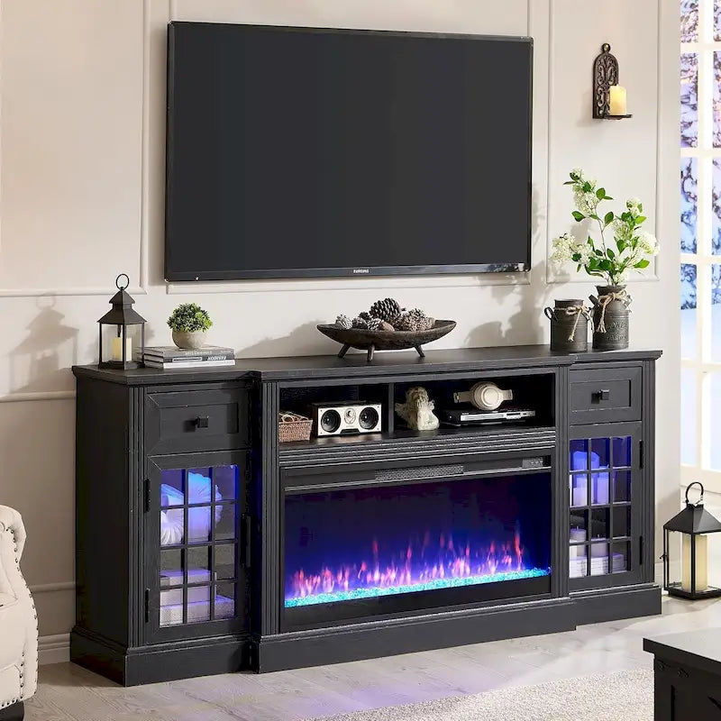 Meuble TV cheminée de style ferme, centre de divertissement