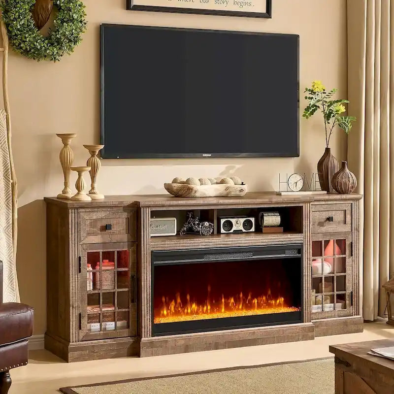 Meuble TV cheminée de style ferme, centre de divertissement