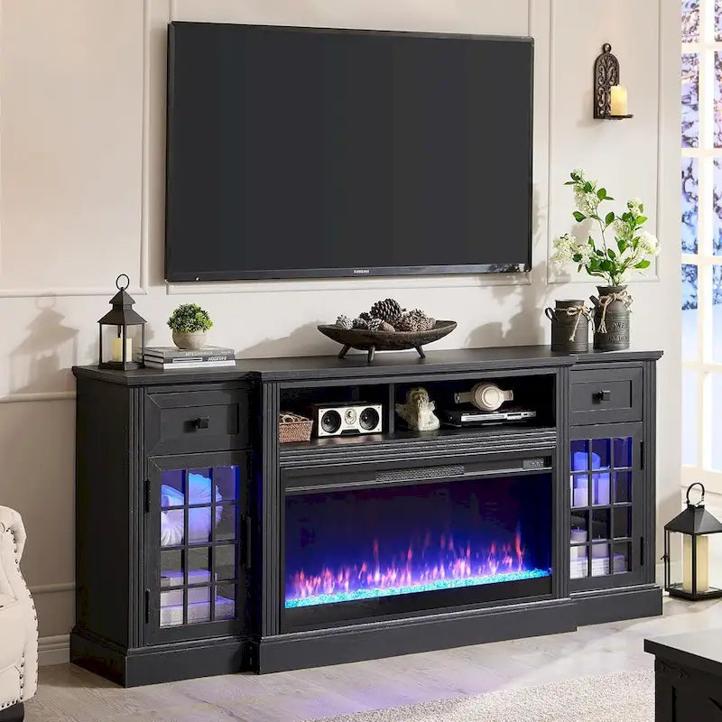 Meuble TV cheminée de style ferme, centre de divertissement
