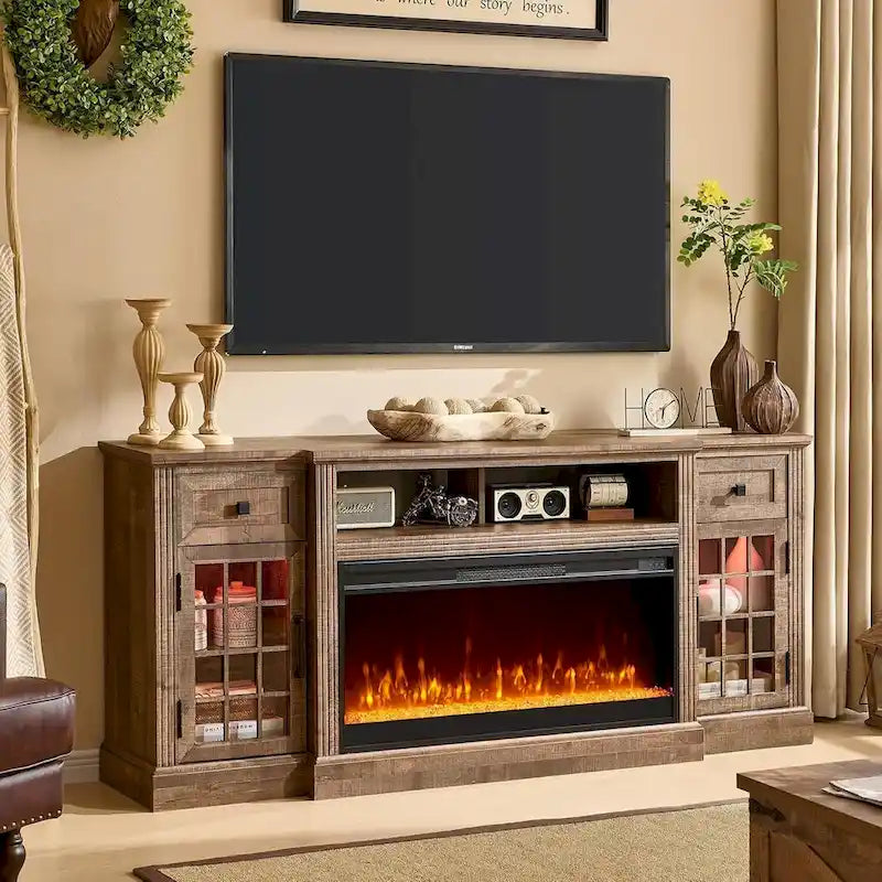 Meuble TV cheminée de style ferme, centre de divertissement