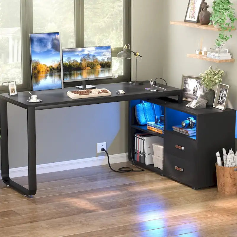 Bureau en forme réversible avec prise de courant pour classeur, bureaux d'angle pour ordinateur avec tiroir à bande LED