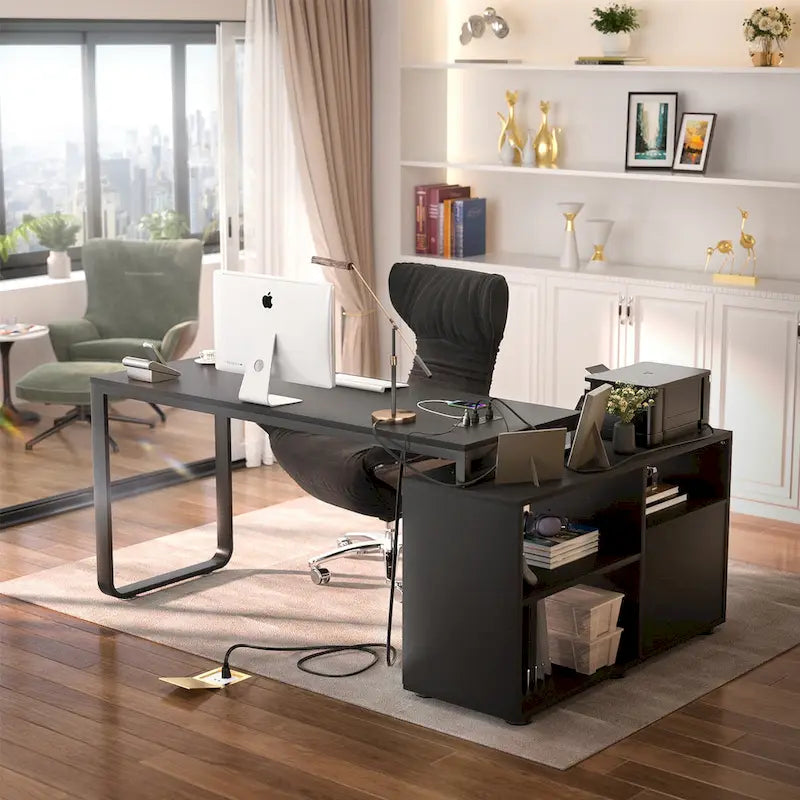 Bureau en forme réversible avec prise de courant pour classeur, bureaux d'angle pour ordinateur avec tiroir à bande LED