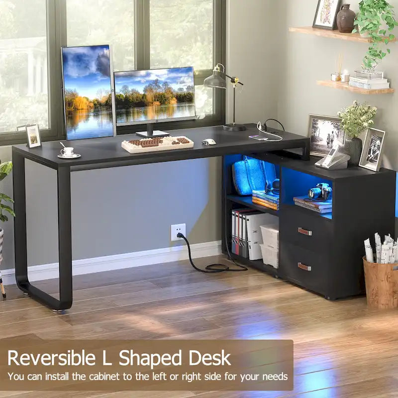 Bureau en forme réversible avec prise de courant pour classeur, bureaux d'angle pour ordinateur avec tiroir à bande LED