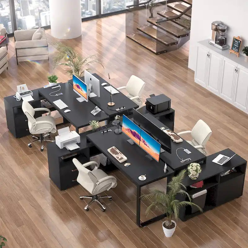 Bureau en forme réversible avec prise de courant pour classeur, bureaux d'angle pour ordinateur avec tiroir à bande LED