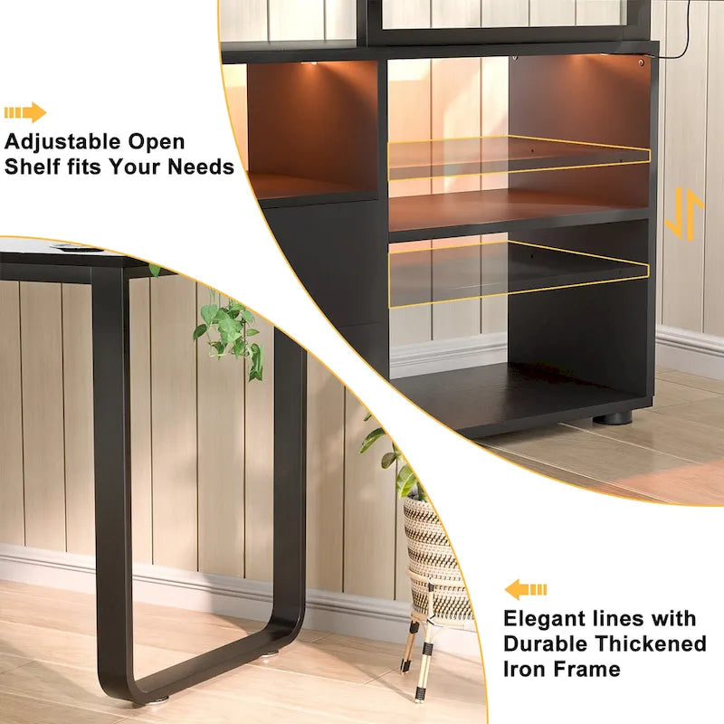 Bureau en forme réversible avec prise de courant pour classeur, bureaux d'angle pour ordinateur avec tiroir à bande LED
