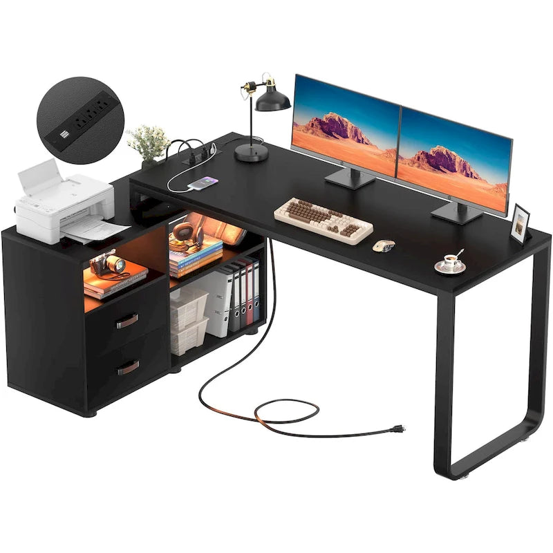 Bureau en forme réversible avec prise de courant pour classeur, bureaux d'angle pour ordinateur avec tiroir à bande LED