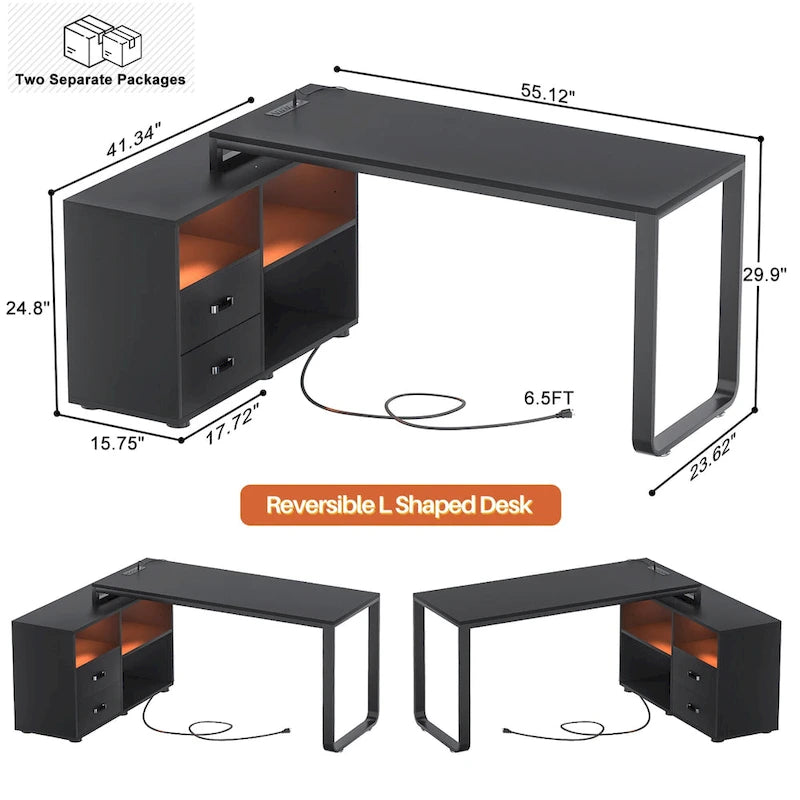 Bureau en forme réversible avec prise de courant pour classeur, bureaux d'angle pour ordinateur avec tiroir à bande LED