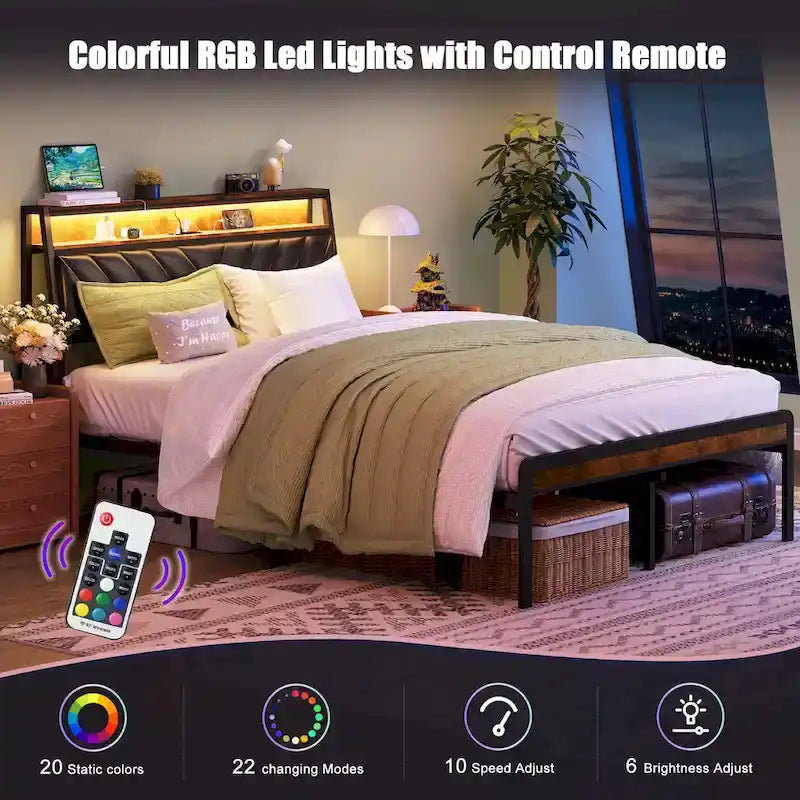Lit plateforme avec tête de lit inclinée et éclairage LED