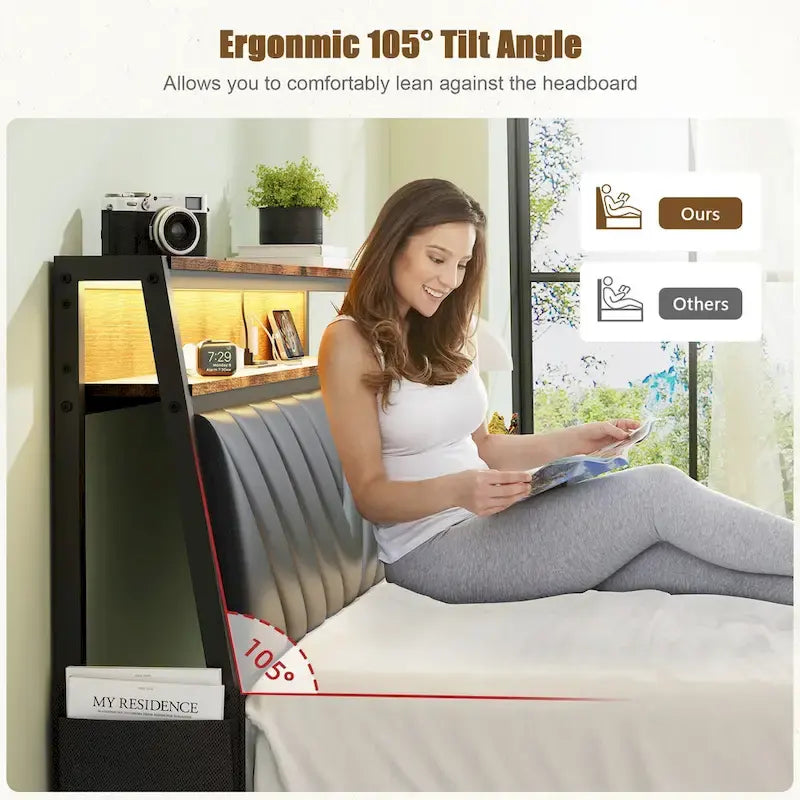 Lit plateforme avec tête de lit inclinée et éclairage LED
