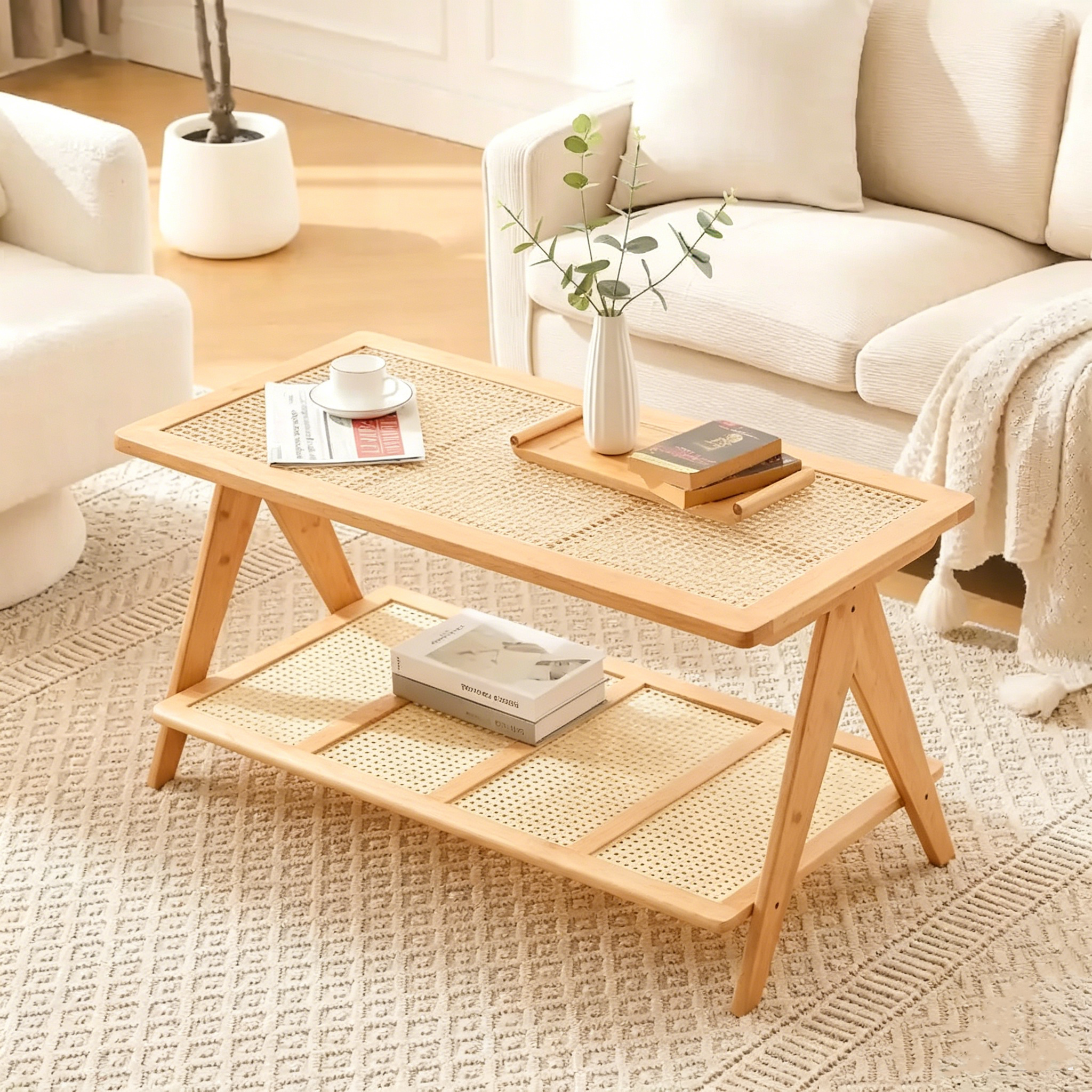 Table basse rectangulaire à 2 niveaux, table d'appoint avec plateau en verre