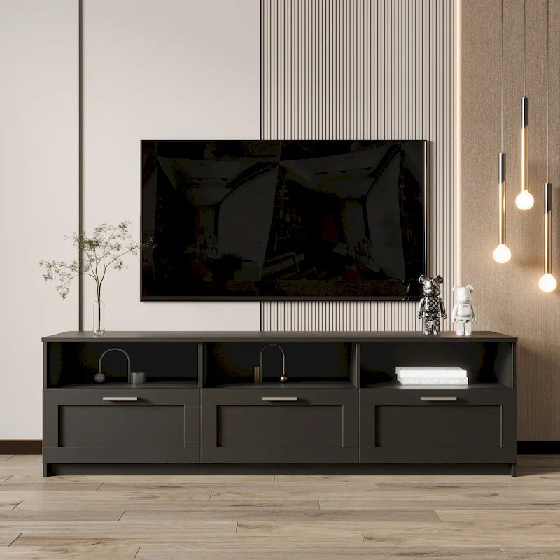 Meuble TV moderne minimaliste noir avec 3 tiroirs de rangement
