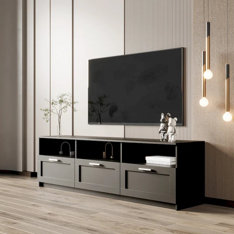 Meuble TV moderne minimaliste noir avec 3 tiroirs de rangement