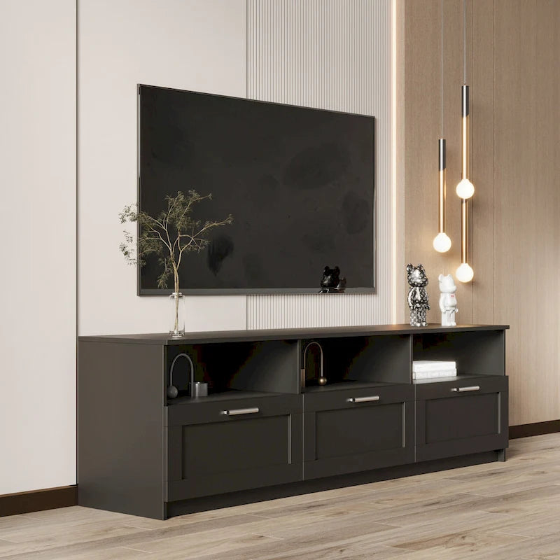 Meuble TV moderne minimaliste noir avec 3 tiroirs de rangement