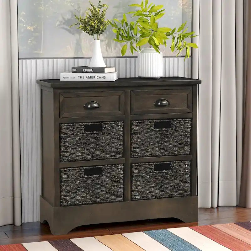 Meuble de rangement avec deux tiroirs et quatre paniers classiques en rotin