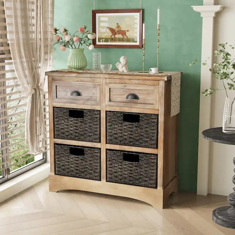 Meuble de rangement avec deux tiroirs et quatre paniers classiques en rotin