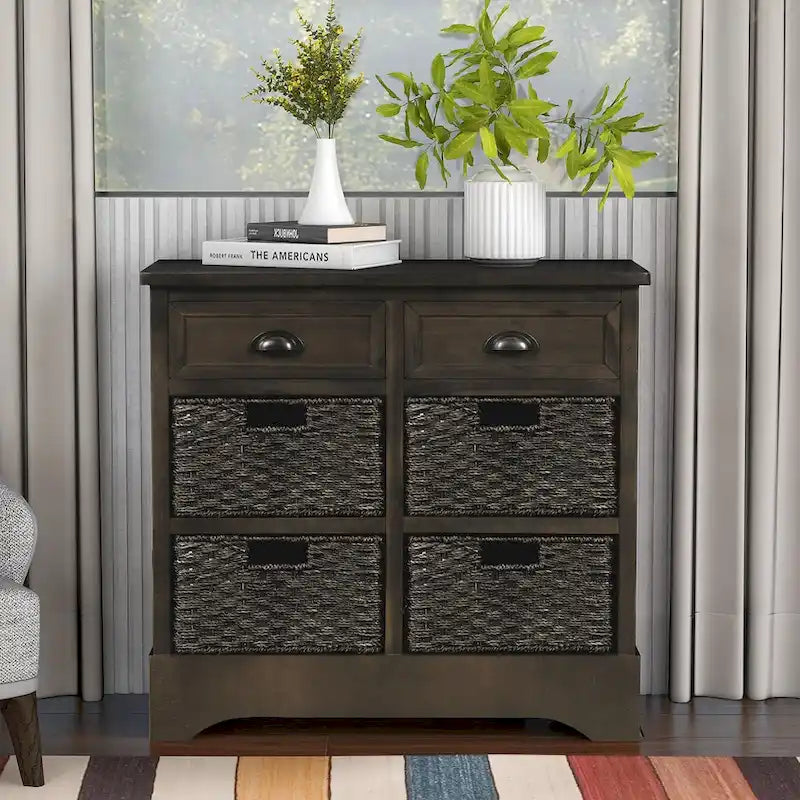Meuble de rangement avec deux tiroirs et quatre paniers classiques en rotin