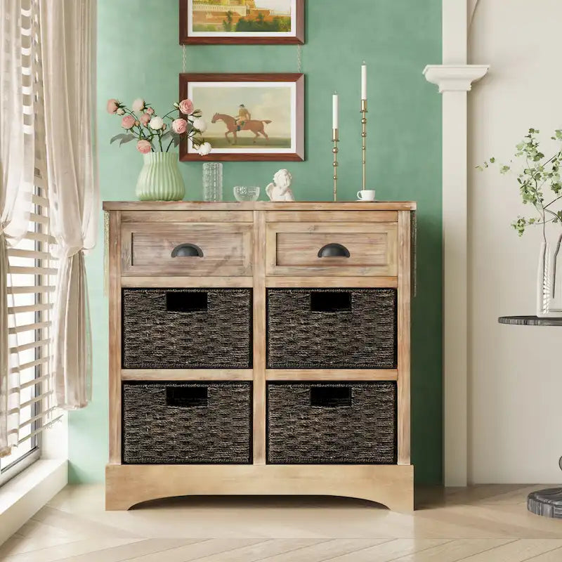 Meuble de rangement avec deux tiroirs et quatre paniers classiques en rotin