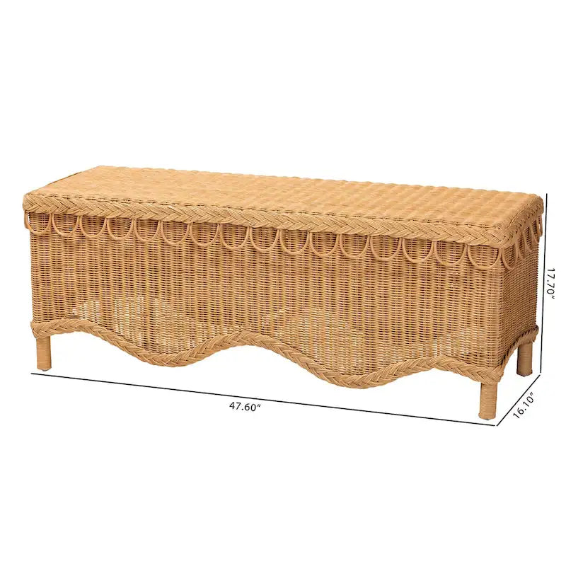 Banc d'appoint Bohème en rotin couleur miel clair avec bord festonné