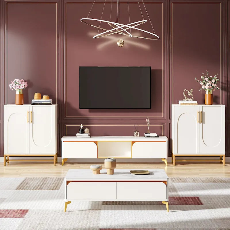 Un buffet moderne à quatre portes avec espace de rangement.