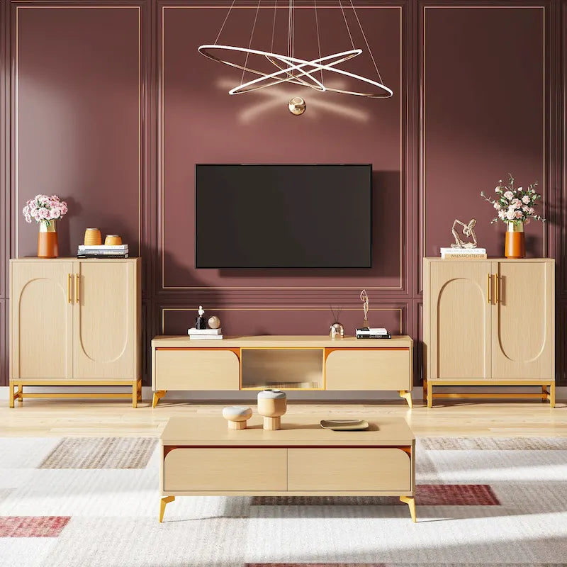 Un buffet moderne à quatre portes avec espace de rangement.