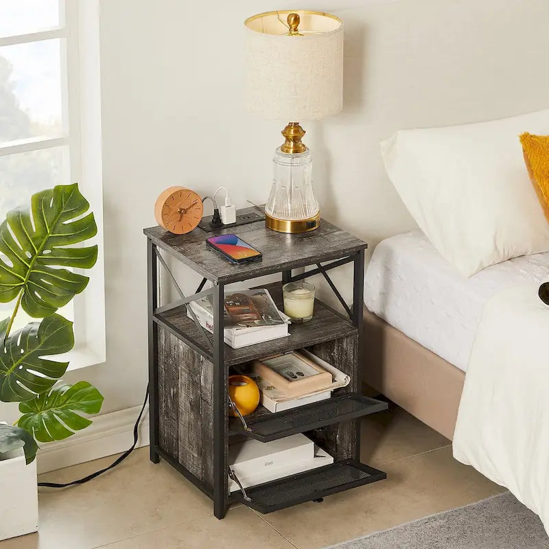 Table de chevet avec station de charge et 2 tiroirs basculants, 2 ports USB et 2 prises de courant