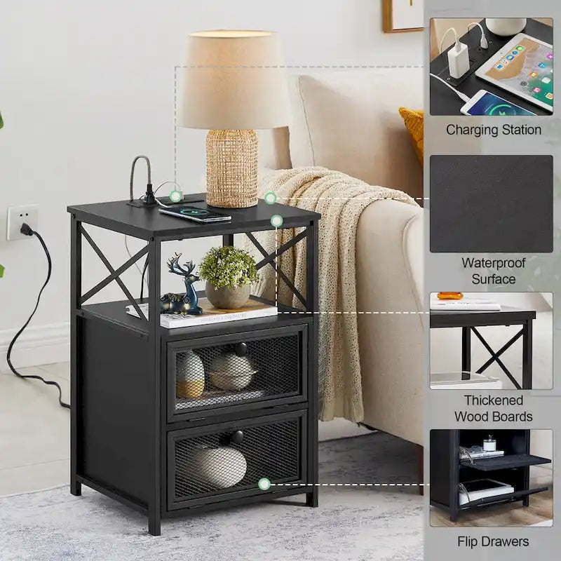 Table de chevet avec station de charge et 2 tiroirs basculants, 2 ports USB et 2 prises de courant
