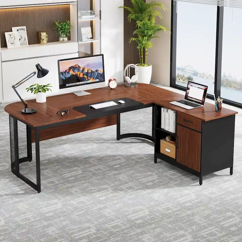 Grand bureau de direction de forme avec armoire de classement