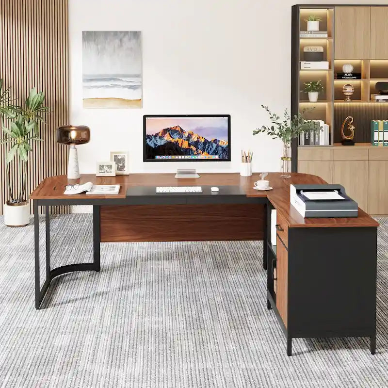 Grand bureau de direction de forme avec armoire de classement