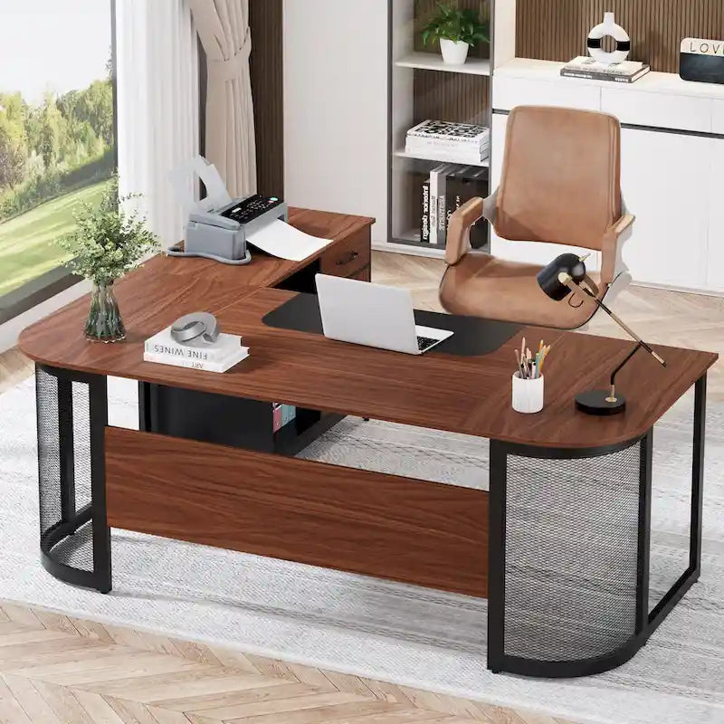 Grand bureau de direction de forme avec armoire de classement