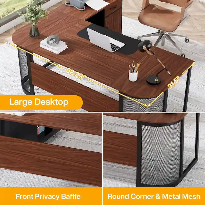 Grand bureau de direction de forme avec armoire de classement