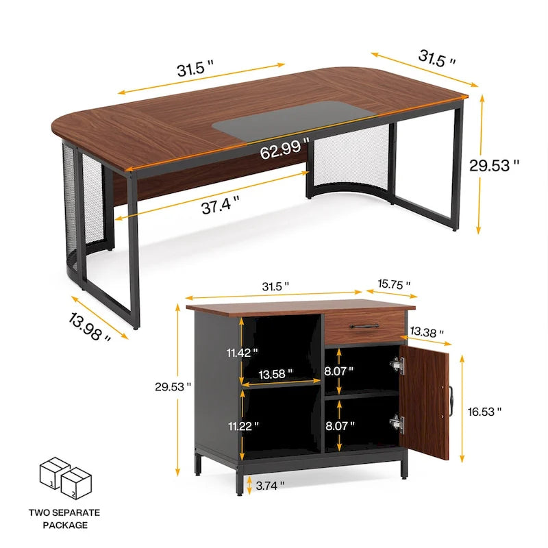 Grand bureau de direction de forme avec armoire de classement