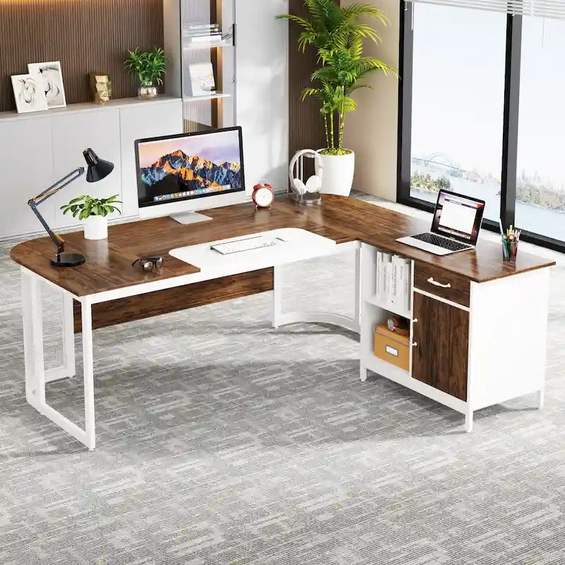 Grand bureau de direction de forme avec armoire de classement