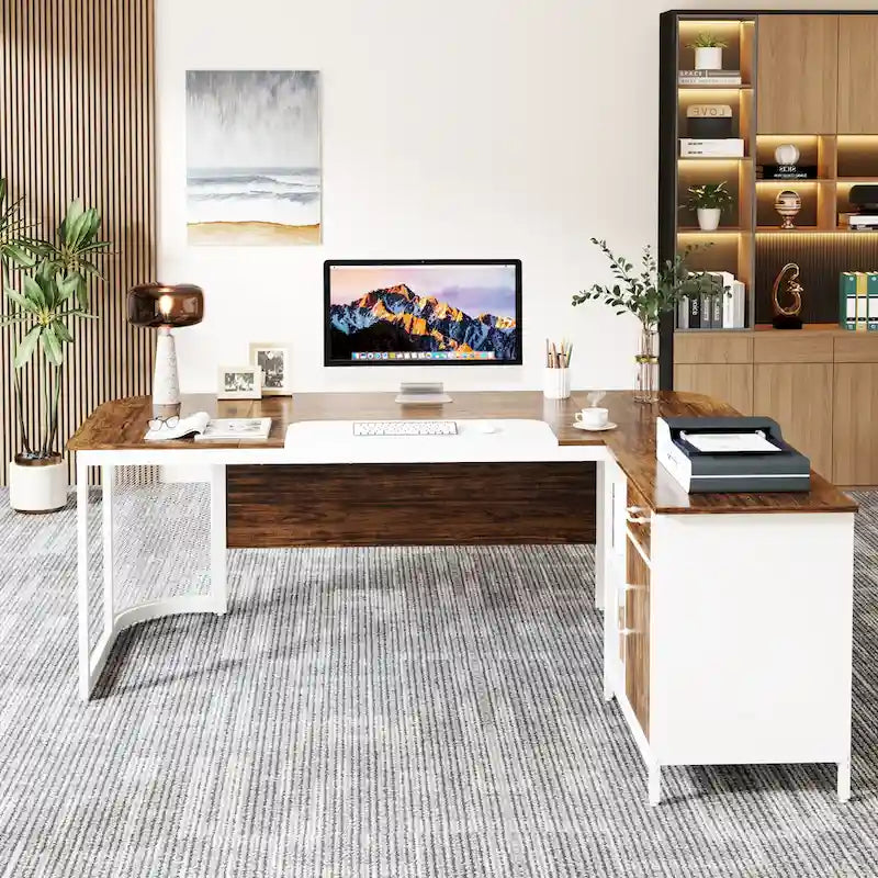 Grand bureau de direction de forme avec armoire de classement