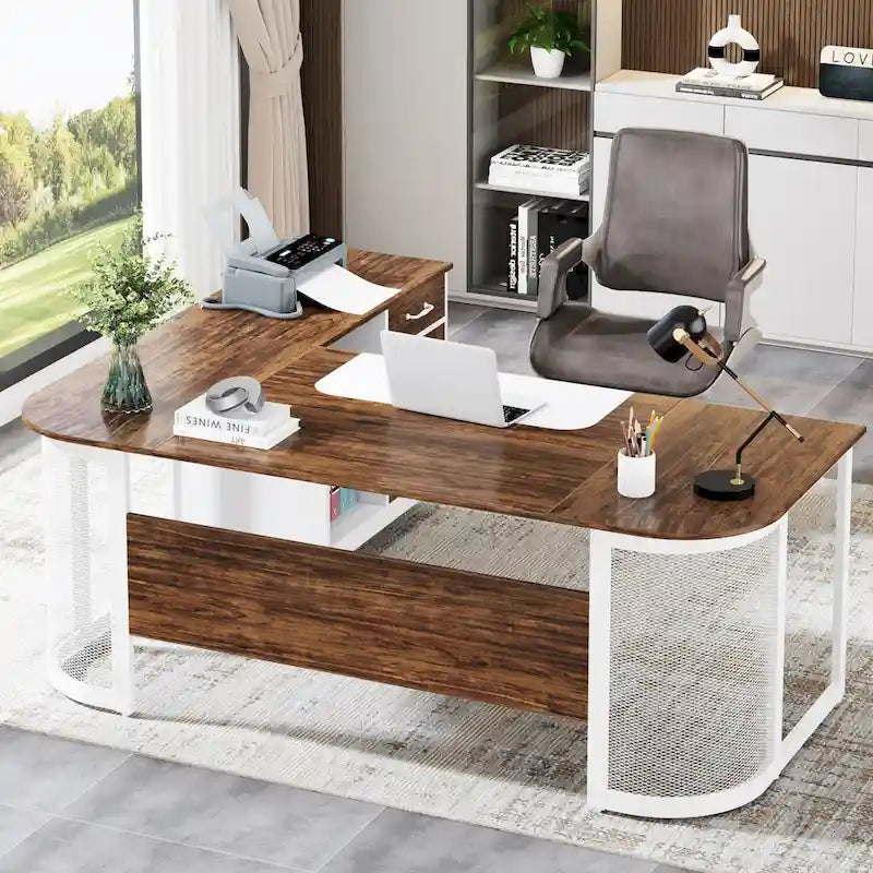 Grand bureau de direction de forme avec armoire de classement