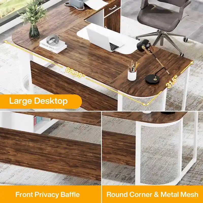 Grand bureau de direction de forme avec armoire de classement