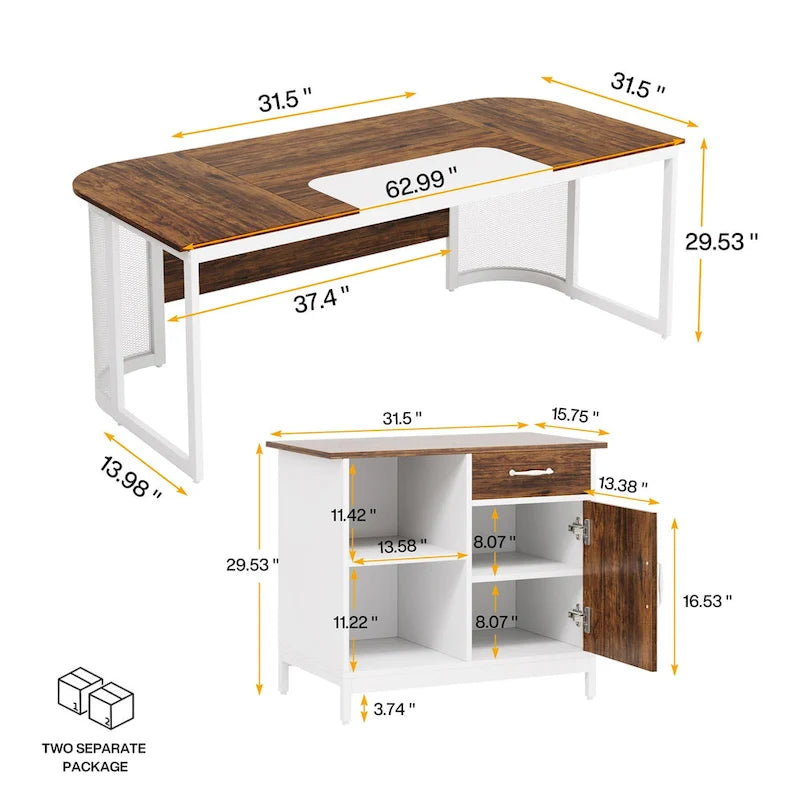 Grand bureau de direction de forme avec armoire de classement