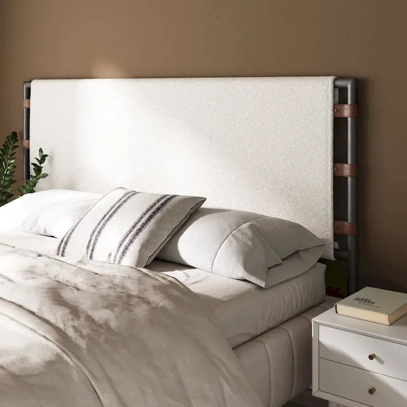 Tête de lit, tête de lit en tissu bouclé avec cadre en métal mat