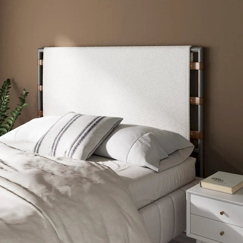 Tête de lit, tête de lit en tissu bouclé avec cadre en métal mat