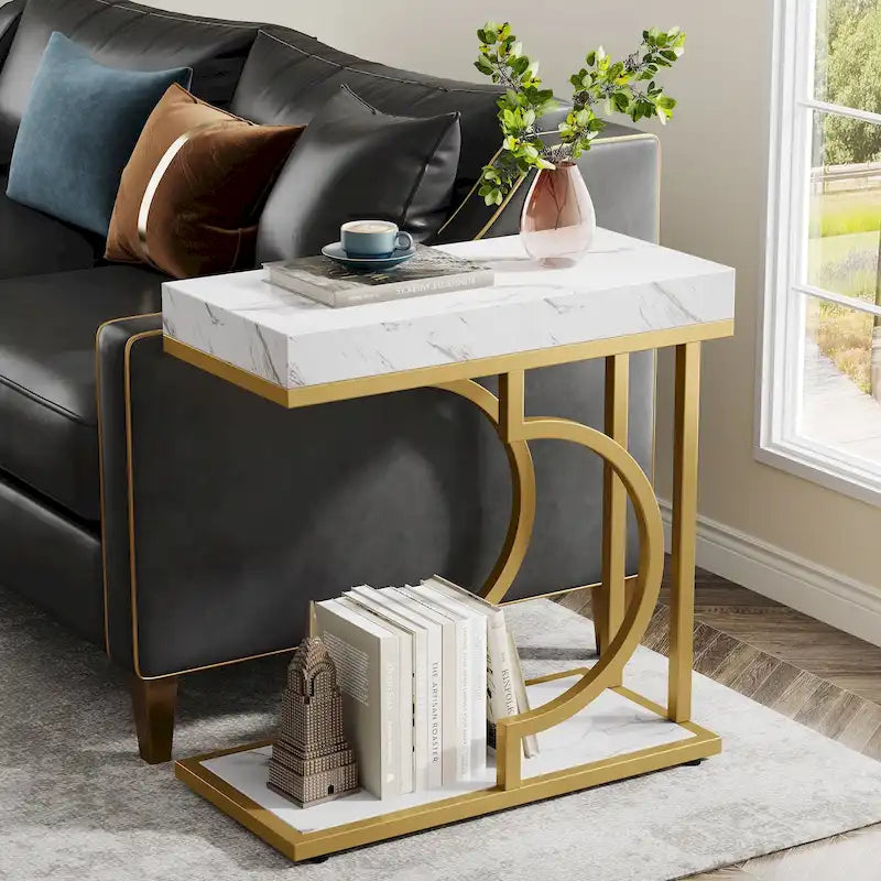 Table d'appoint en forme de C à 2 niveaux pour fauteuil
