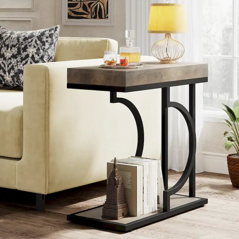 Table d'appoint en forme de C à 2 niveaux pour fauteuil
