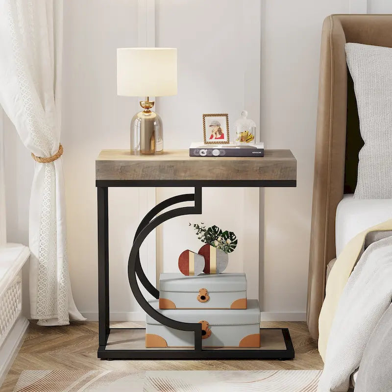 Table d'appoint en forme de C à 2 niveaux pour fauteuil